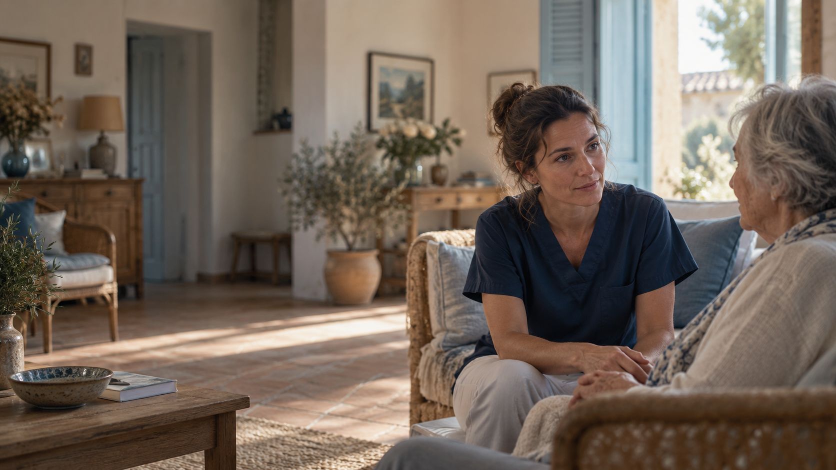 Une infirmière à l’écoute d’une patiente lors d’une visite à domicile.